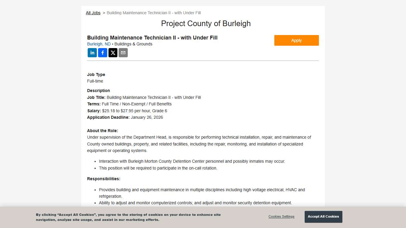Project County of Burleigh - Building Maintenance Technician II - with Under Fill